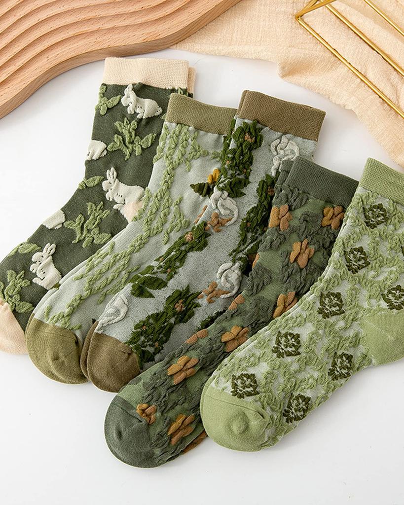Junerose Set of Cute Floral Embroidered Cotton Crew Suitable for All Sizes Size E Women's 5-Pair Socks, Breathable, Anti-Odor, Stay-Stuck, Stylish,