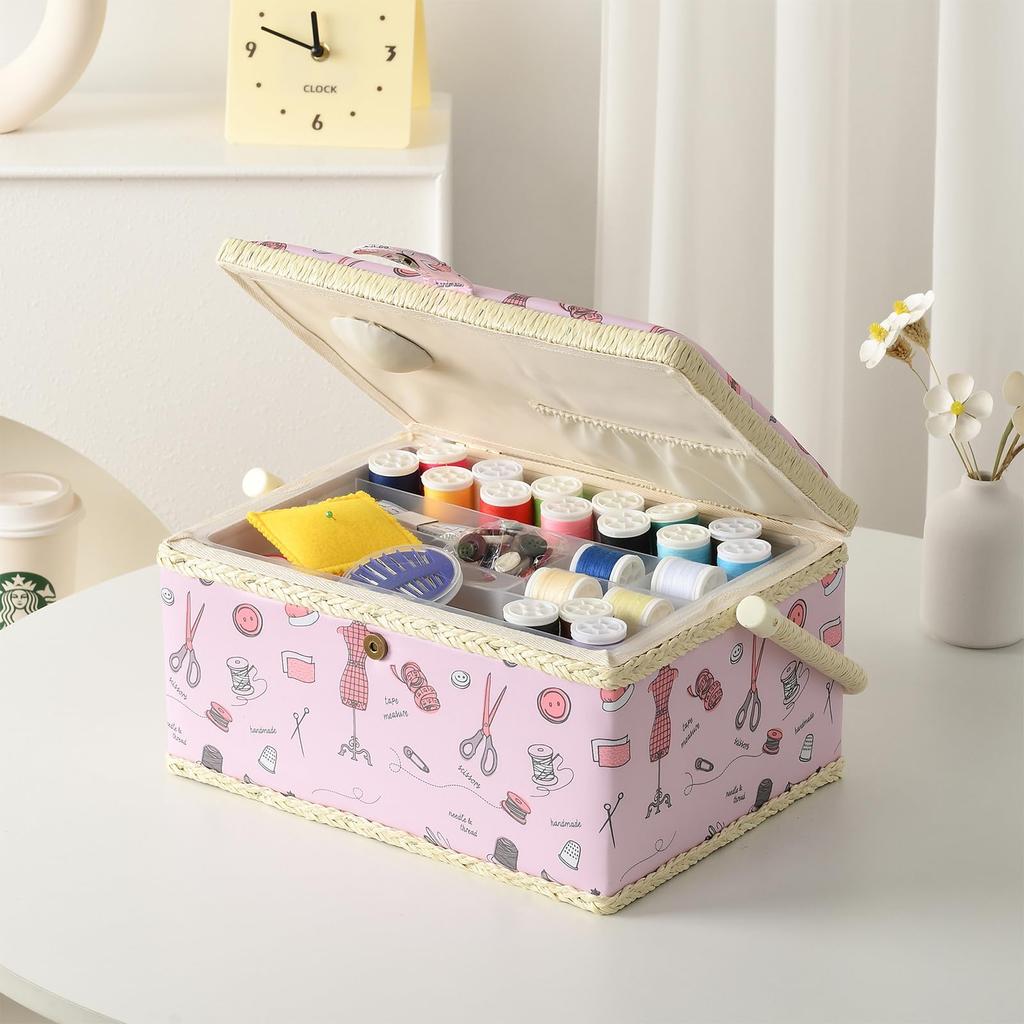 D&D Sewing Box, Sewing Kit, Large Capacity, Double Layer Storage, Sewing Accessory Storage Box 24*17.5*13cm (Large - Pink)