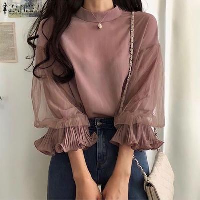 Lässige Bluse für Damen mit Stehkragen, 3/4-Ärmeln aus Netzstoff und einfarbiger Bluse