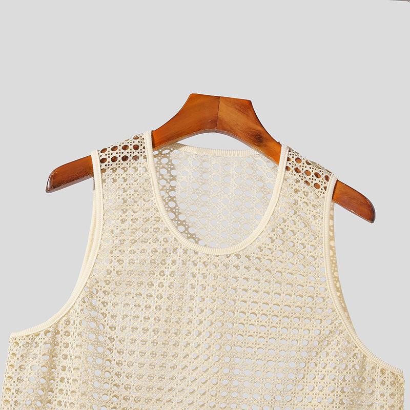 Fashion Tops American Style Men Popular Vacation Hollow Out Mesh Vests Sexy Casual Sleeveless Tank Tops Summer