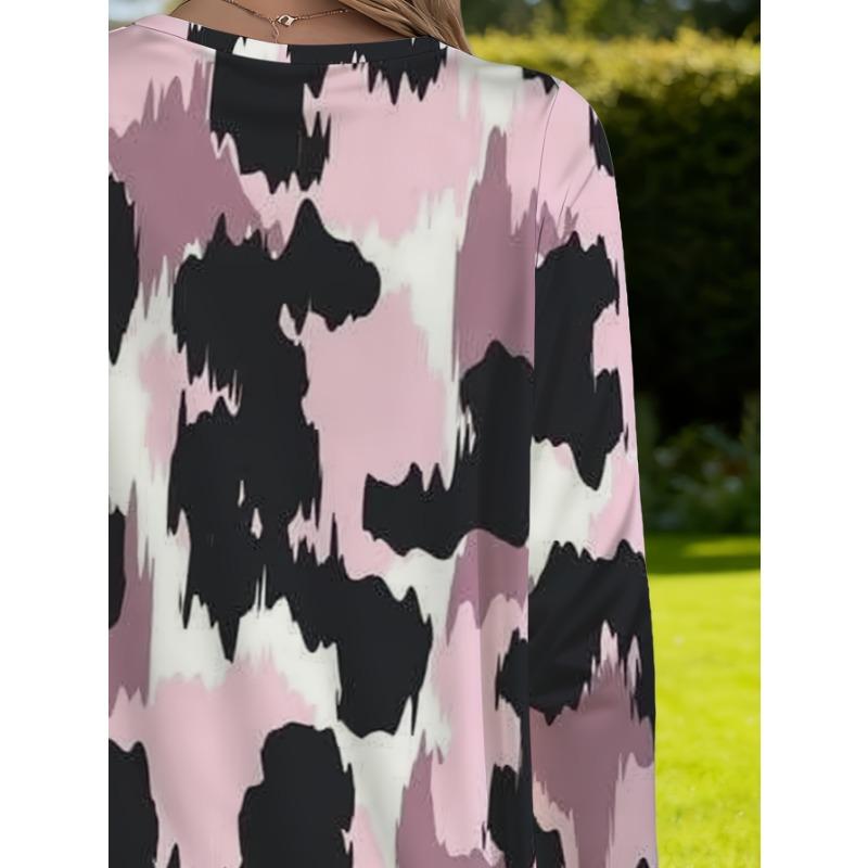 Women's large size pink leopard print loose long-sleeved top with pockets for women autumn fashion versatile casual T-shirt jacket