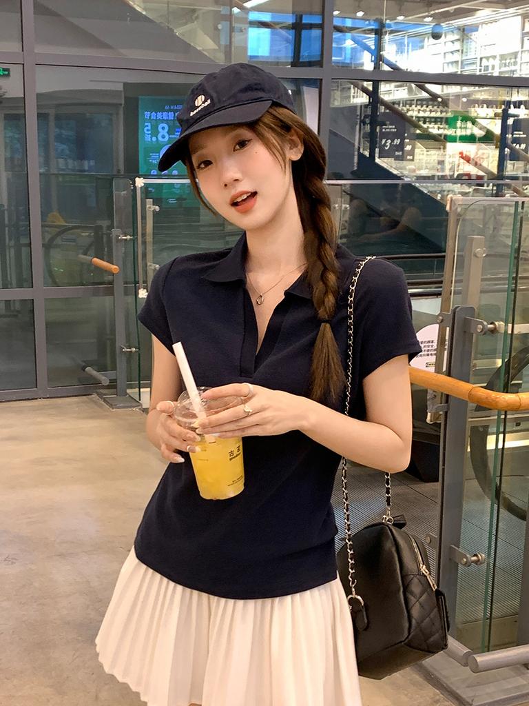 Simple casual Polo collar short-sleeved T-shirt women's summer shoulder thin temperament beautiful high-end small top
