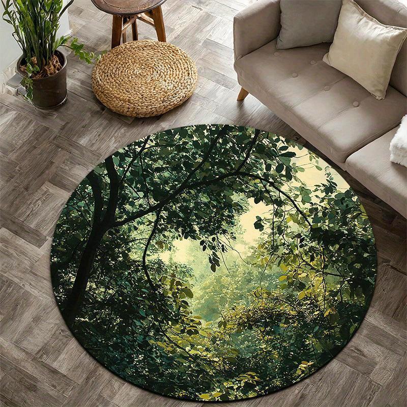 Round Forest Light and Shadow Print Rug Non-slip Floor Mat for Living Room Bedroom Meditation Space Home Decoration