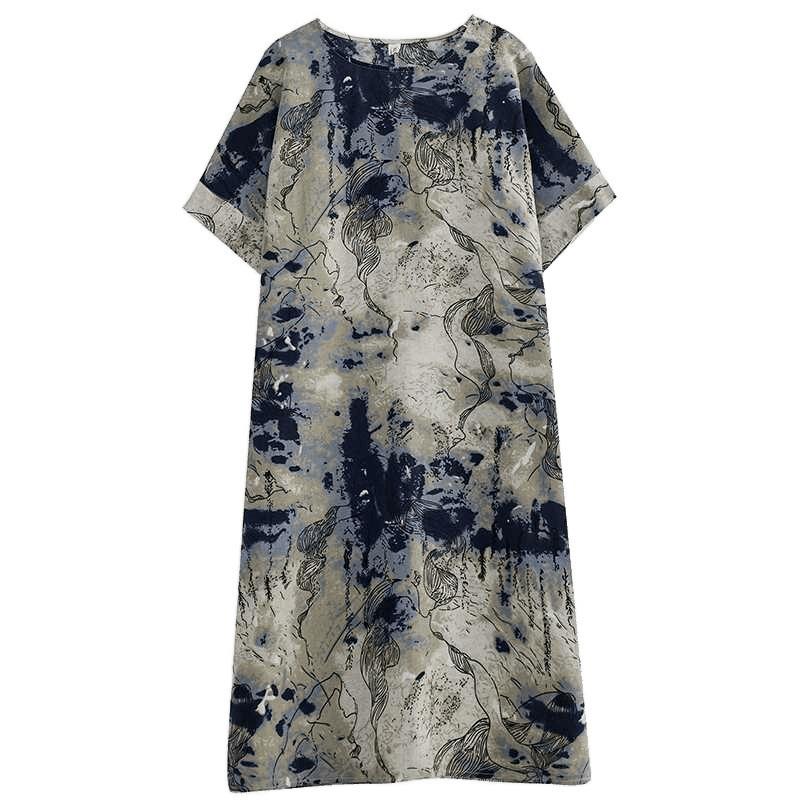 Real Spot Fat Sister Summer Loose and Thin Short-sleeved Cotton and Linen Dress