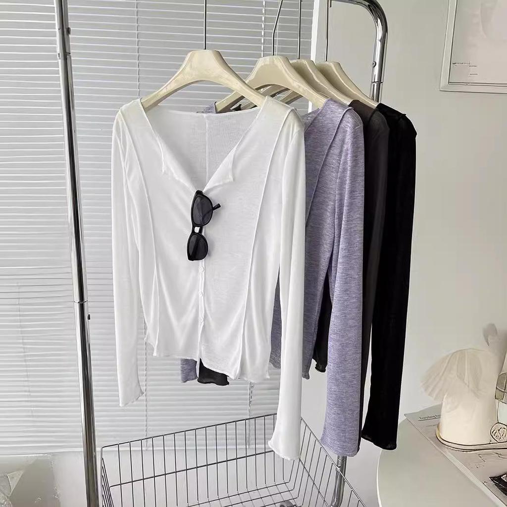 Women's Summer V-Neck Long-Sleeve Sun-Protective Knit Top