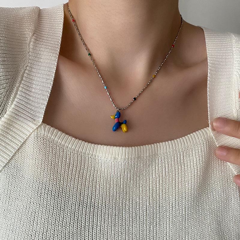 Korean Style Balloon Dog Pendant Choker Necklace - Cute Three-Dimensional Enamel Design in Titanium Steel