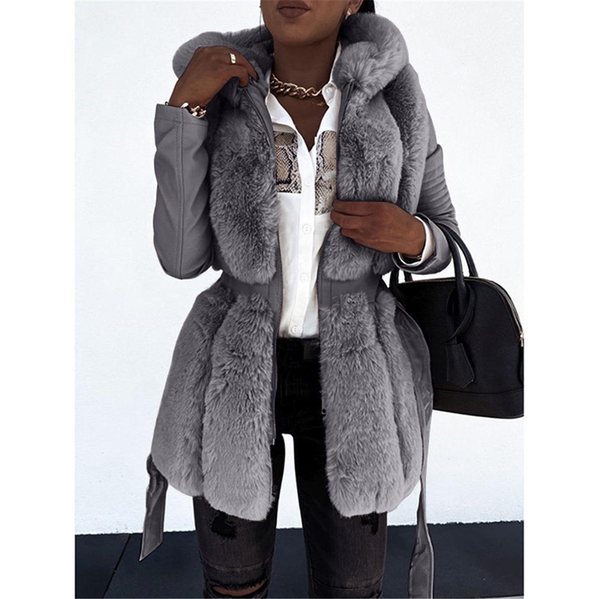 Women Faux Fur Hooded Coat Zip‑Up