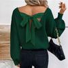 Women's Bow Knit Sweater Long Sleeve Backless V-Neck Drop Chunky Pullover Sweater