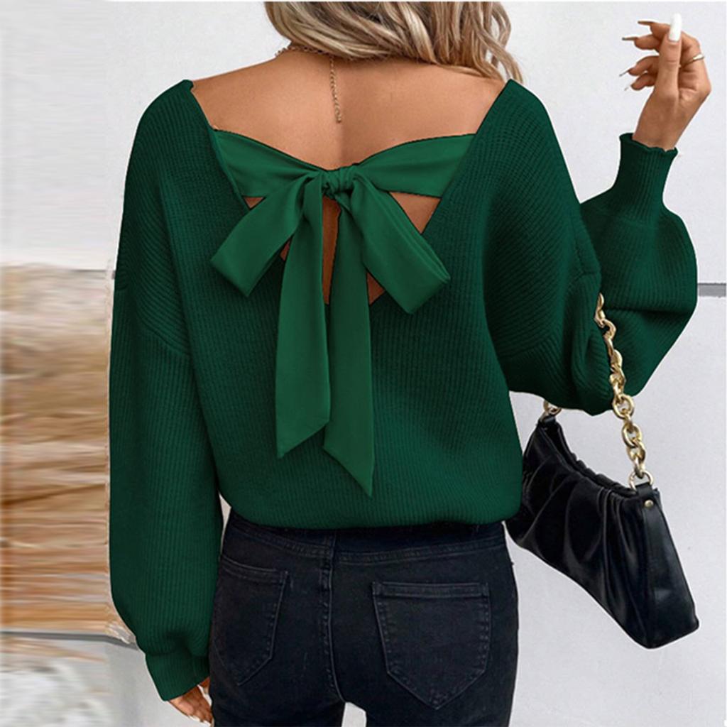 Women's Bow Knit Sweater Long Sleeve Backless V-Neck Drop Chunky Pullover Sweater