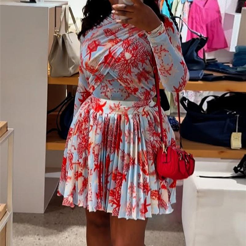 Women's 2026 Summer New Dress Design Slim-Fit Printed Long-Sleeve Top Pleated Skirt Set