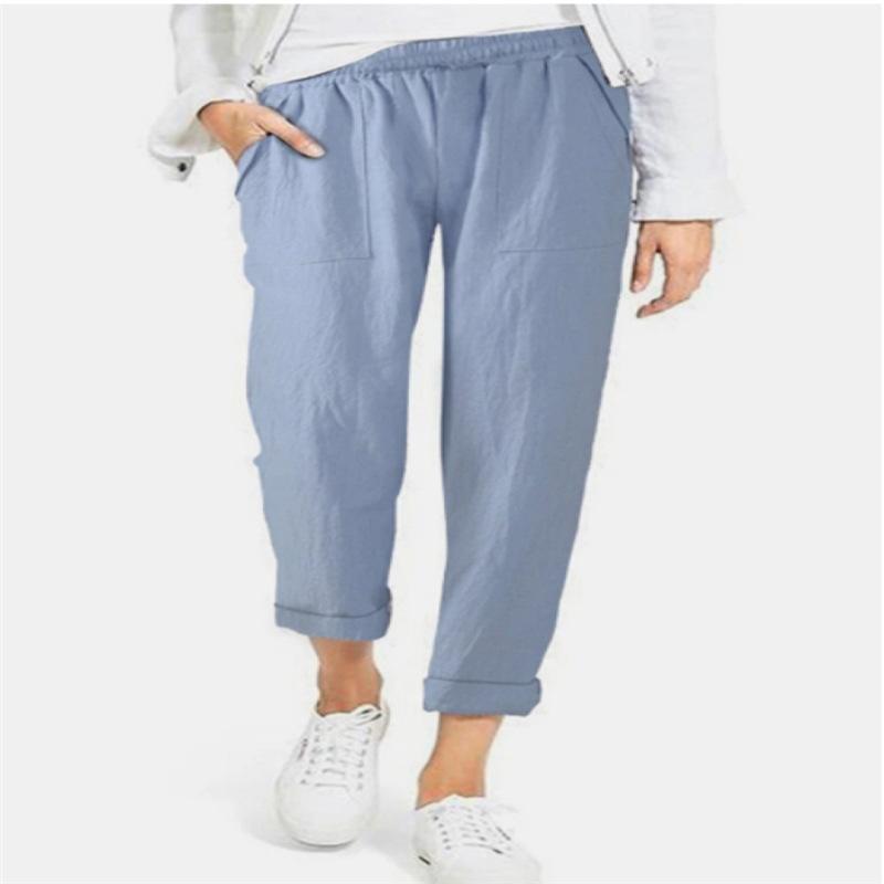 

Женские повседневные брюки больших размеров, мягкие короткие эластичные поясные брюки с карманами на шнурке, однотонные прямые укороченные брюки S синий