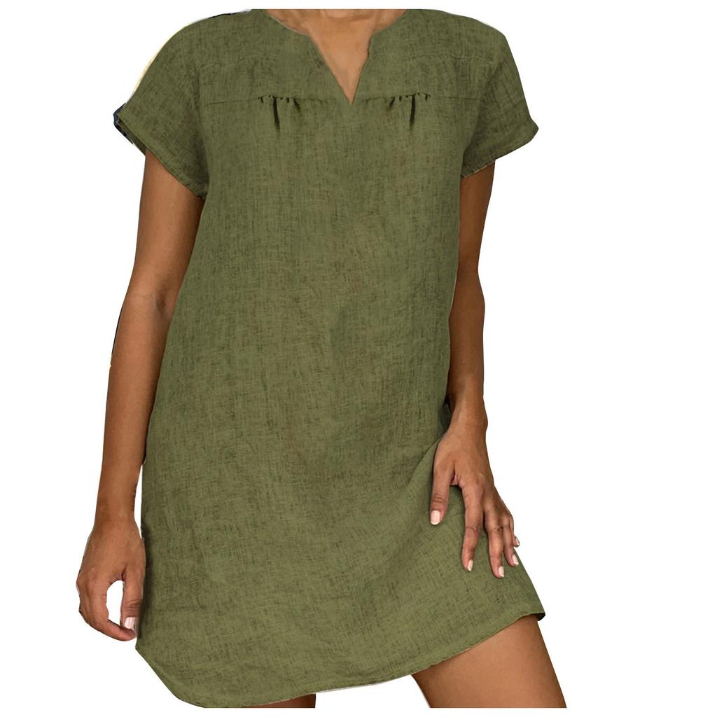 Women's Fashion Summer Loose Skirt Short Sleeve V-Neck Cotton Linen Dress