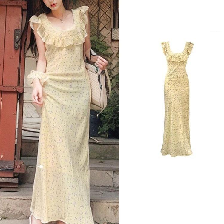 Coffee Break French Floral Dress Children's Summer New Yellow Flying Sleeves Waist Thin Temperament Suspender Dress