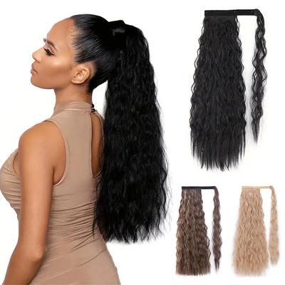 Synthetic Long Corn Curly Ponytail Black Wig Wrap Around Clip In Hair Extensions For Women Daily Use