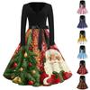 Women's Retro V-Neck Christmas Print Dress with Snowflake and Christmas Tree Pattern