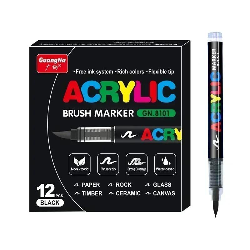 GUANGNA 168-12 Colors Acrylic Marker Pen for Rock Painting Brush Tip Paint Marker Christmas Markers Waterproof Art Supplies