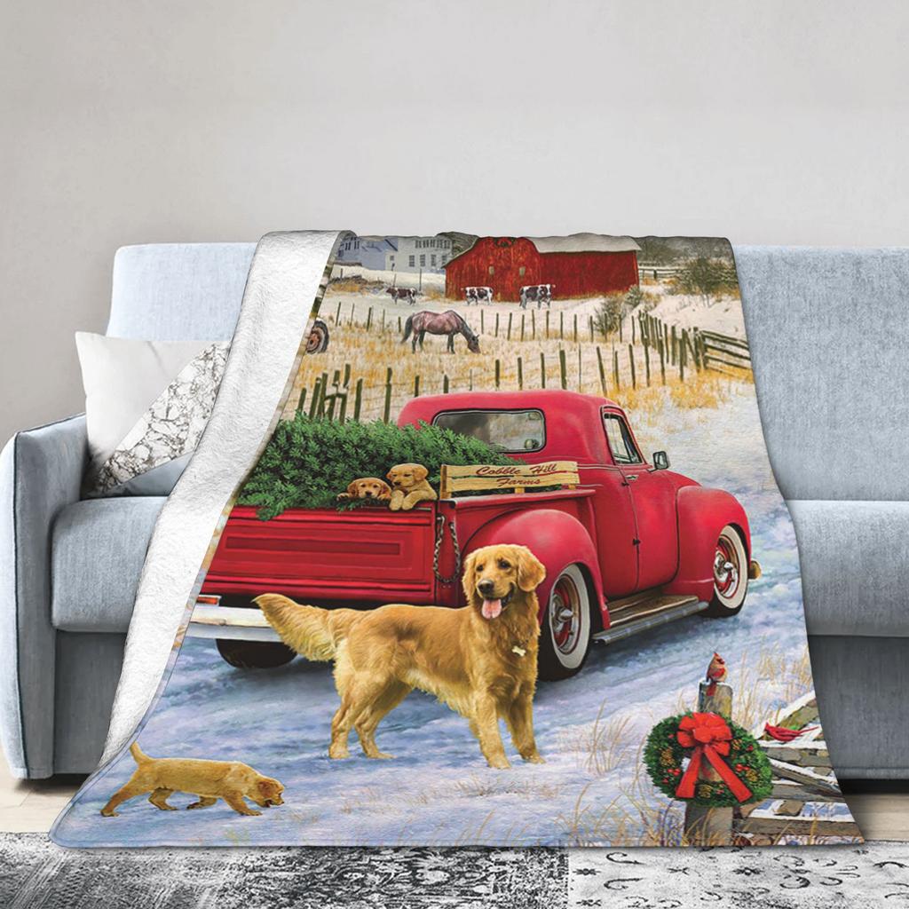 Red Truck Christmas Fleece Throw Blanket Nordic Merry Christmas New Year Blanket for Home Outdoor Super Warm Plush Thin Quilt
