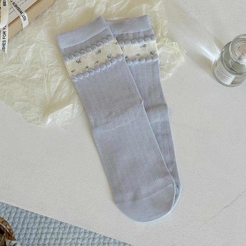 

Floral Patchwork Socks - Size 2 Mid-Calf Socks, Sweet Bubble Mouth Edging, Layered Socks, Boneless 1 pair синий