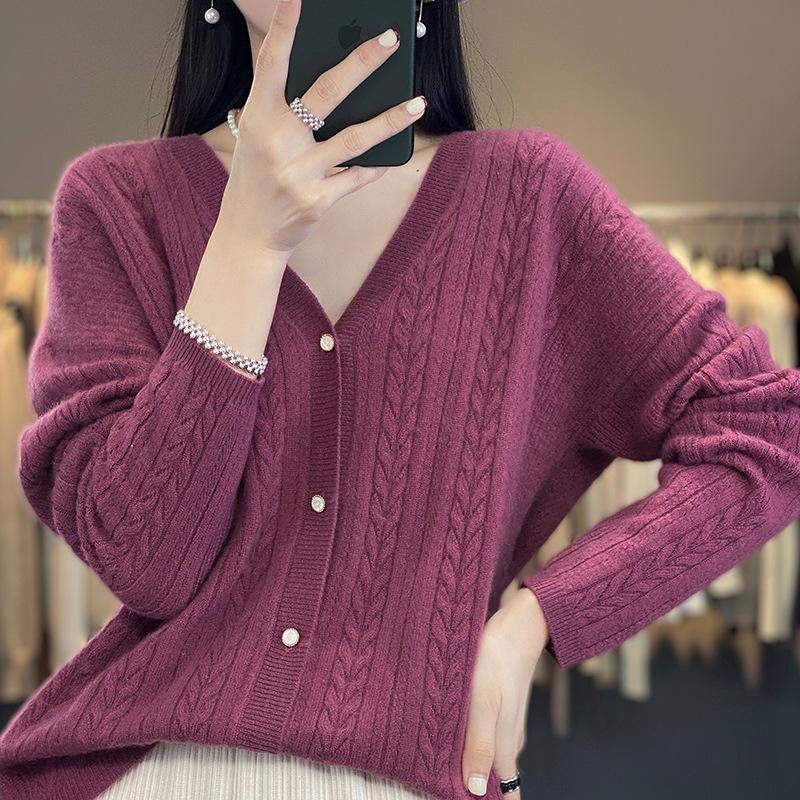 Damen Herbst Winter V-Ausschnitt Wollstrickjacke Pullover - Langarm, Stilvolles Hohlstrickmuster