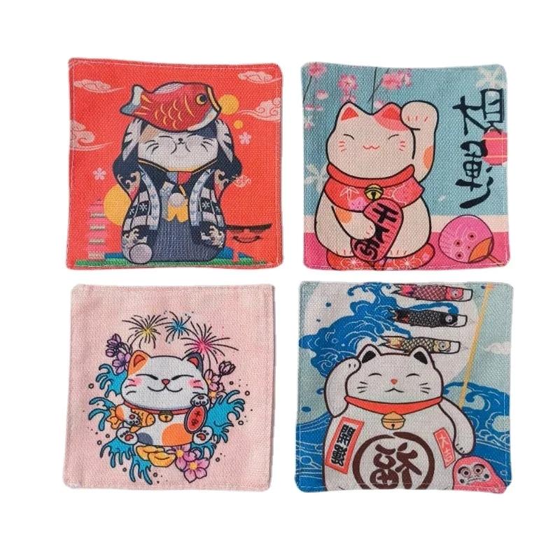 

4-piece Cotton Linen Coasters Set Japanese Cartoon Lucky Cat Placemat Thickened Cotton and Linen Bowl Mat Home Table Decoration