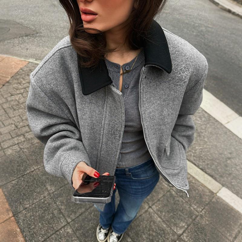 2026 Fall Winter Color Block Blazer Women Loose Fit Padded Shoulder Wool Blend Jacket