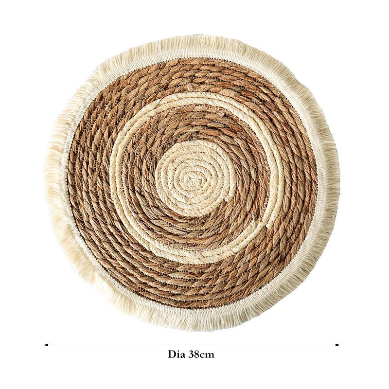 Round Straw Woven Placemats Kitchen Dining Table Mat Braided Tassel Place Mat Heat Resistant Pad Table Decoration Accessories Dia 38cm