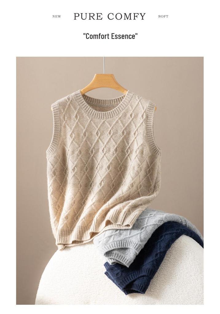 Autumn/Winter Women's Slimming Sleeveless Pure Cashmere Cable Knit Diamond Pattern Top