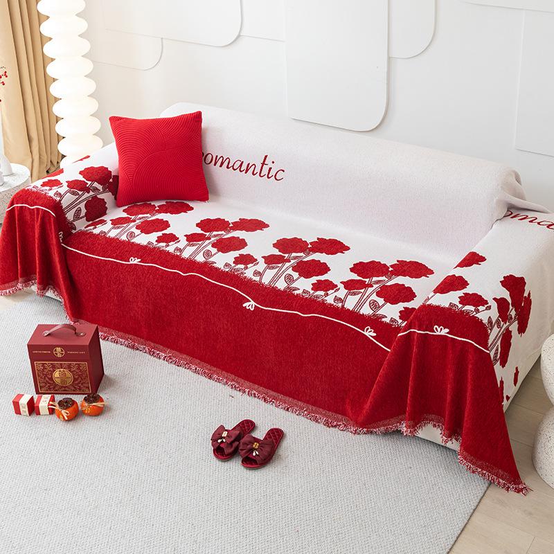 Wedding Decoration Red Sofa Towel Cover Blanket Living Room Universal Multifunctional Non Slip Skin Friendly Chenille Romantic