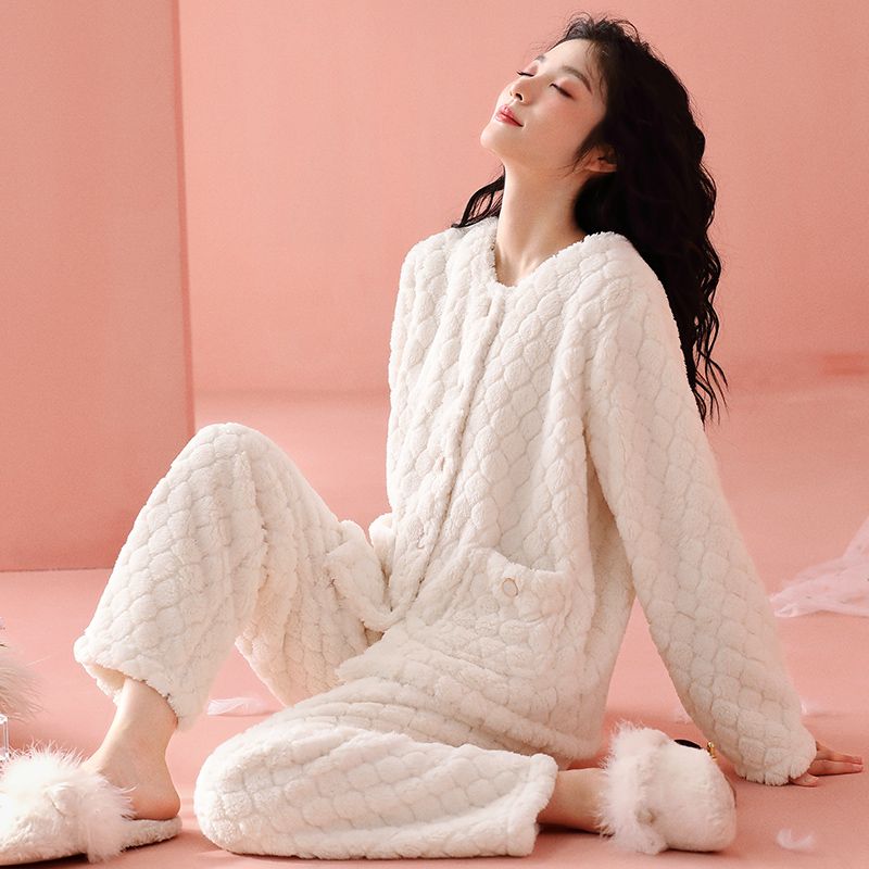 Coral Velvet Pajama Lady Autumn Winter Thickened Sweet Pure Wind Warm Flannel Luxury Outing Home Wear Set Comfortable Antistatic