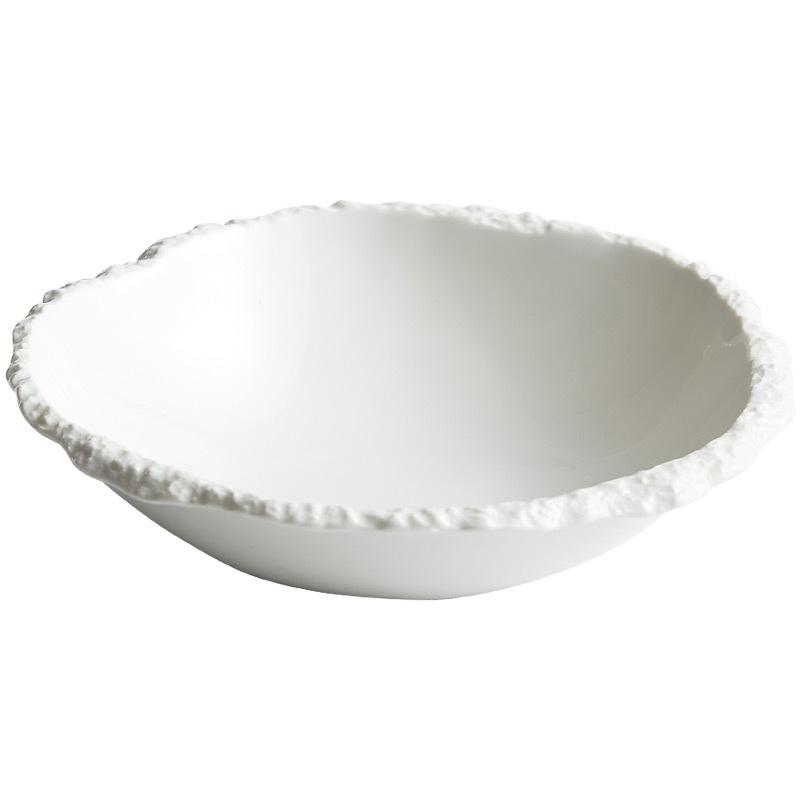 Rock grain pointed bowl, white ceramic soup bowl, noodle bowl, high-grade tableware, salad bowl, large.
