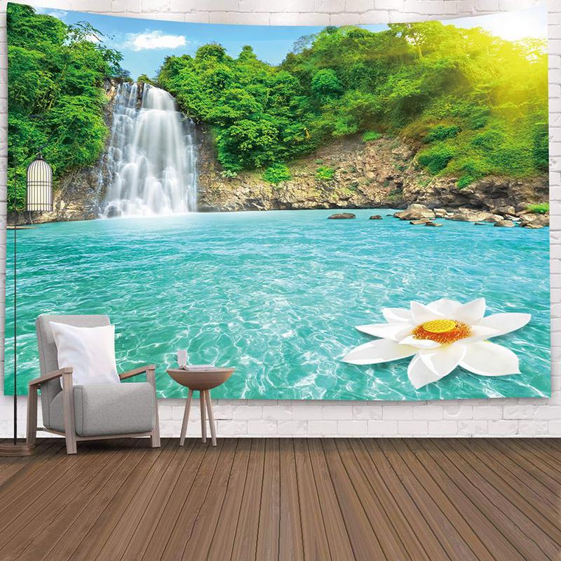 Landscape Forest Waterfall Lotus Cloth Wall Hanging Dawn Ocean Wall Tapestry Beach Tapestry Home Decoration
