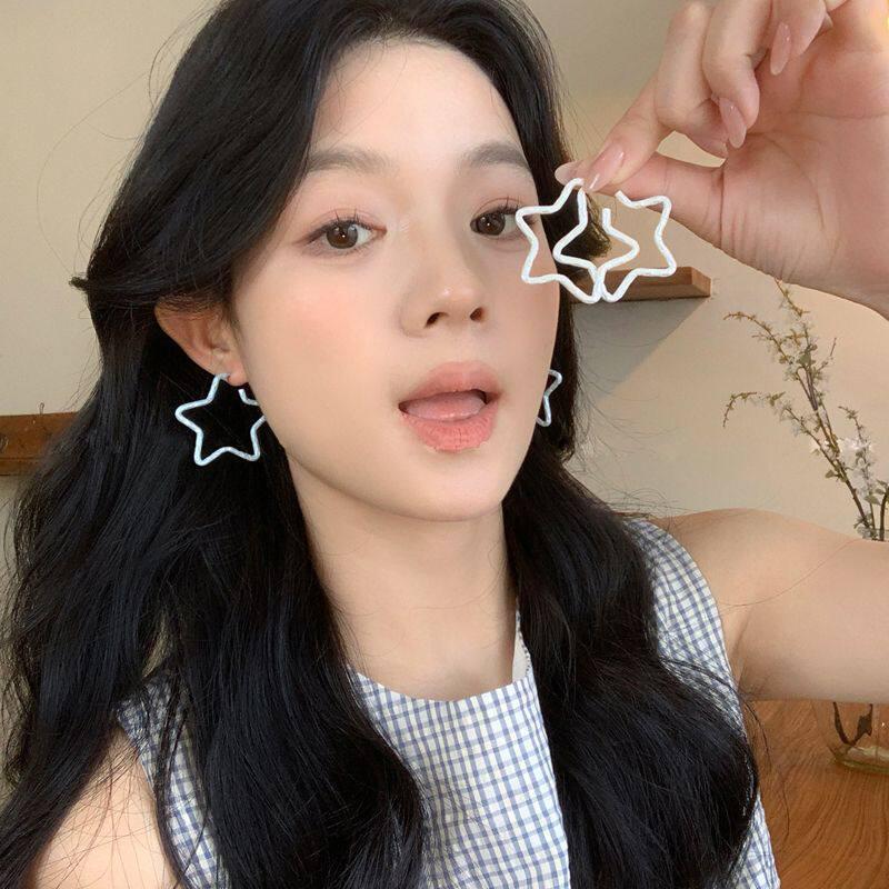 2026 New Blue Hollow Star Earrings for Women: Elegant Hoops for Square & Round Faces