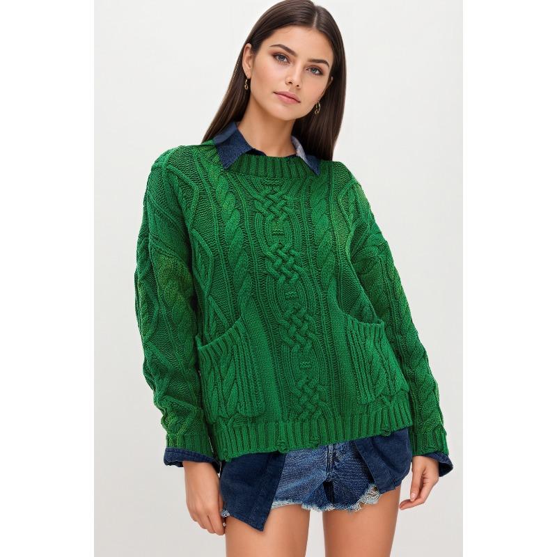 PEYWOW Women's Fashion Casual Solid Color Print Long Sleeve O-Neck Autumn Winter Loose Sweaters