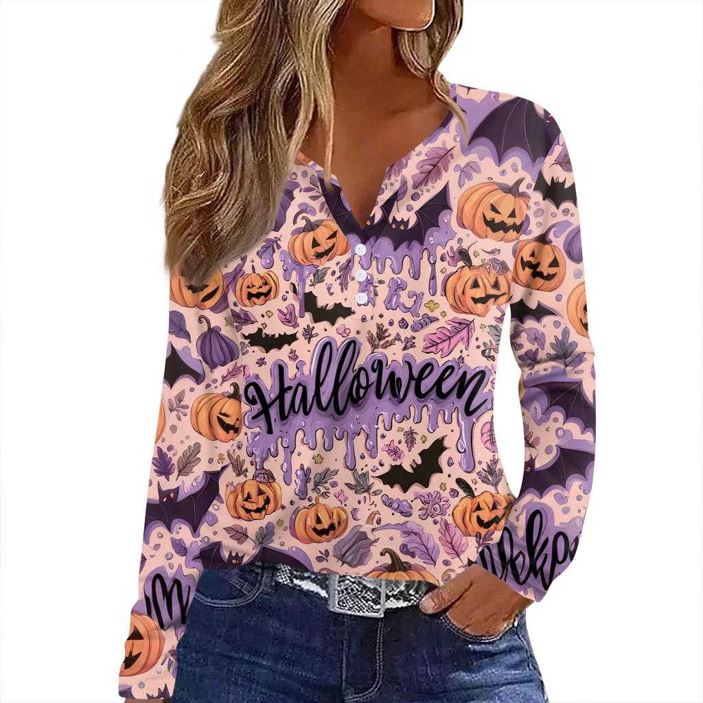 Dámské tričko s potiskem Halloweenu, knoflíky, dlouhý rukáv, denní, víkendová móda, základní, výstřih do V, běžný top