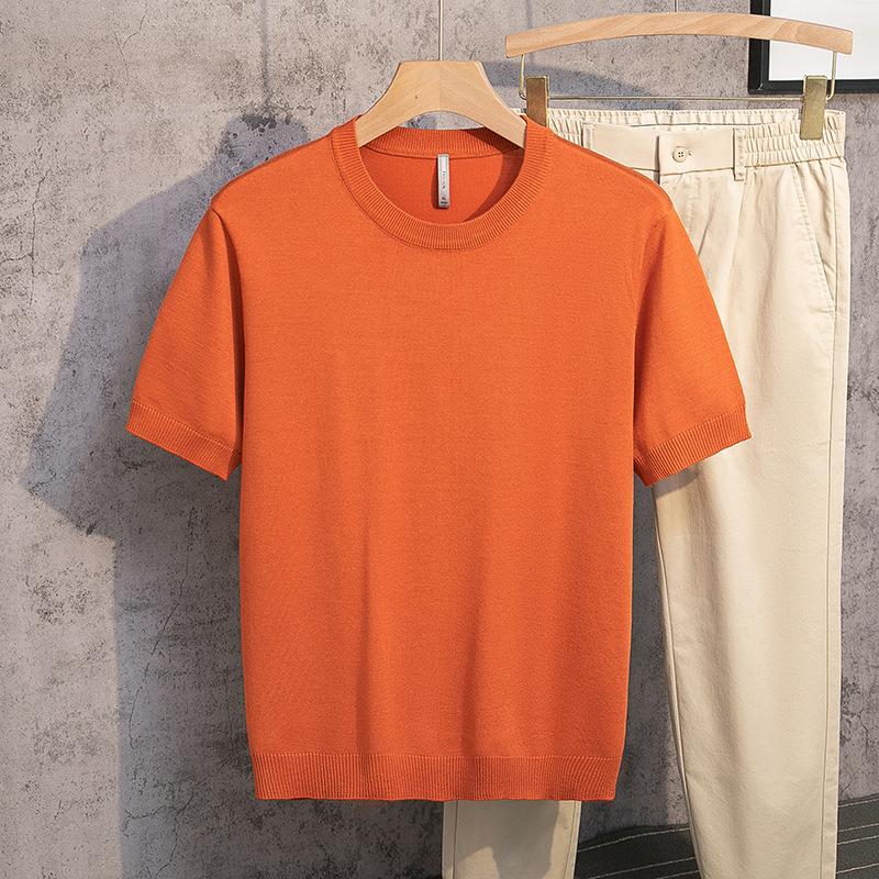 Spring and Summer Knitted Men's Short-sleeved T-shirt Round Neck Solid Color Base Simple