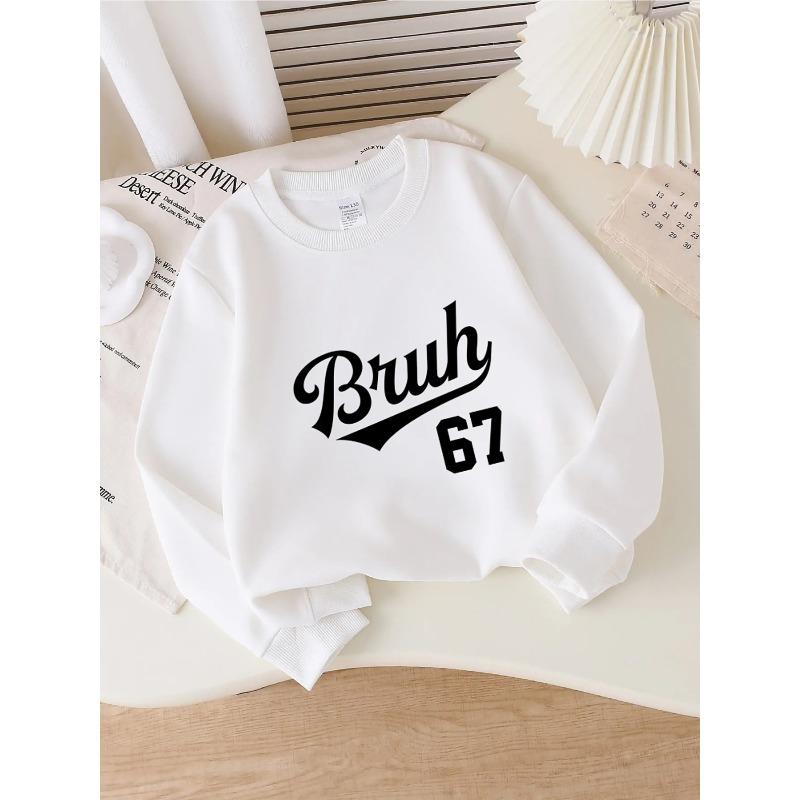 Kids Unisex Crewneck Sweatshirt, Vintage Script "Bruh" With Number 67 Varsity Font Print Light Pink Soft Fleece Pullover