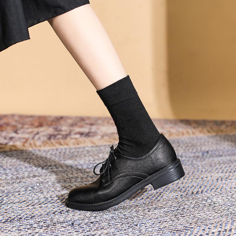 Yuexinwang genuine leather flat for Huizhou women's shoes Su Yinyin same shoes front lace-up black retro versatile small leather shoes