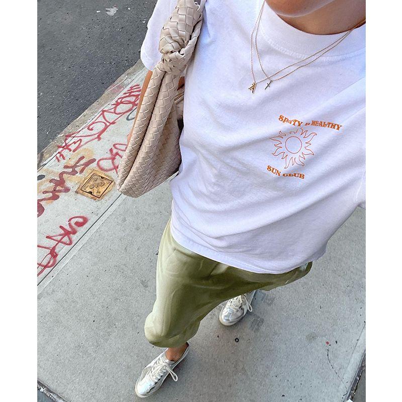 Sun Club Niche Style American Retro Sports Style Front and Rear Letters Print Pure Cotton Short Sleeve T-shirt for Women