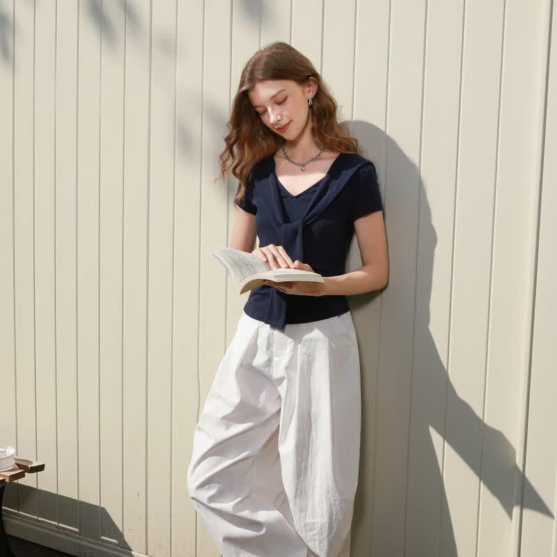 Sancai 2026 Spring Casual Shawl Style Slim Fit V-neck Short Sleeve T-shirt
