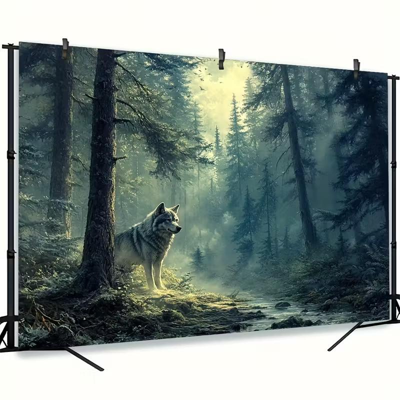 2D Lone Wolf in Foggy Woods Backdrop Photography Background Banner