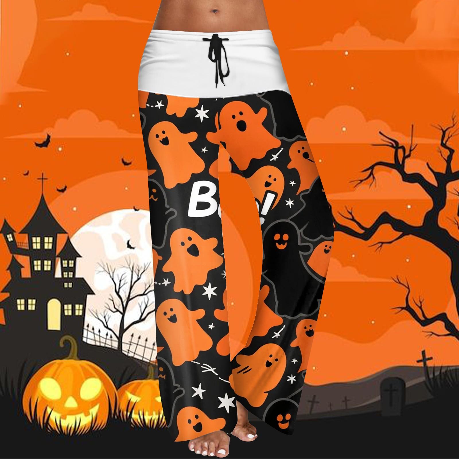 

Women s Drawstring Elastic Waistband Wide Leg Color Matching Halloween Printed Casual Pants S шафрановий