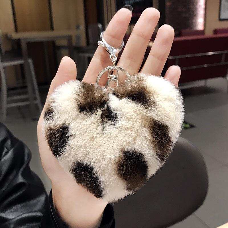 Leopard love plush fur ball keychain car key chain pendant student bags New gifts Heart KeyRing K2403