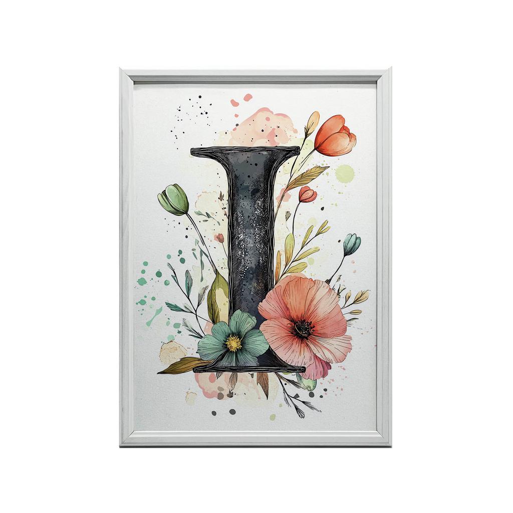 Plakat Litera "I" Z Kwiatami Plakat Litera "I" Z Kwiatami, 30X40 Cm, Rama Drewniana Ciemny Brąz, Papier Matowy 230 Gsm