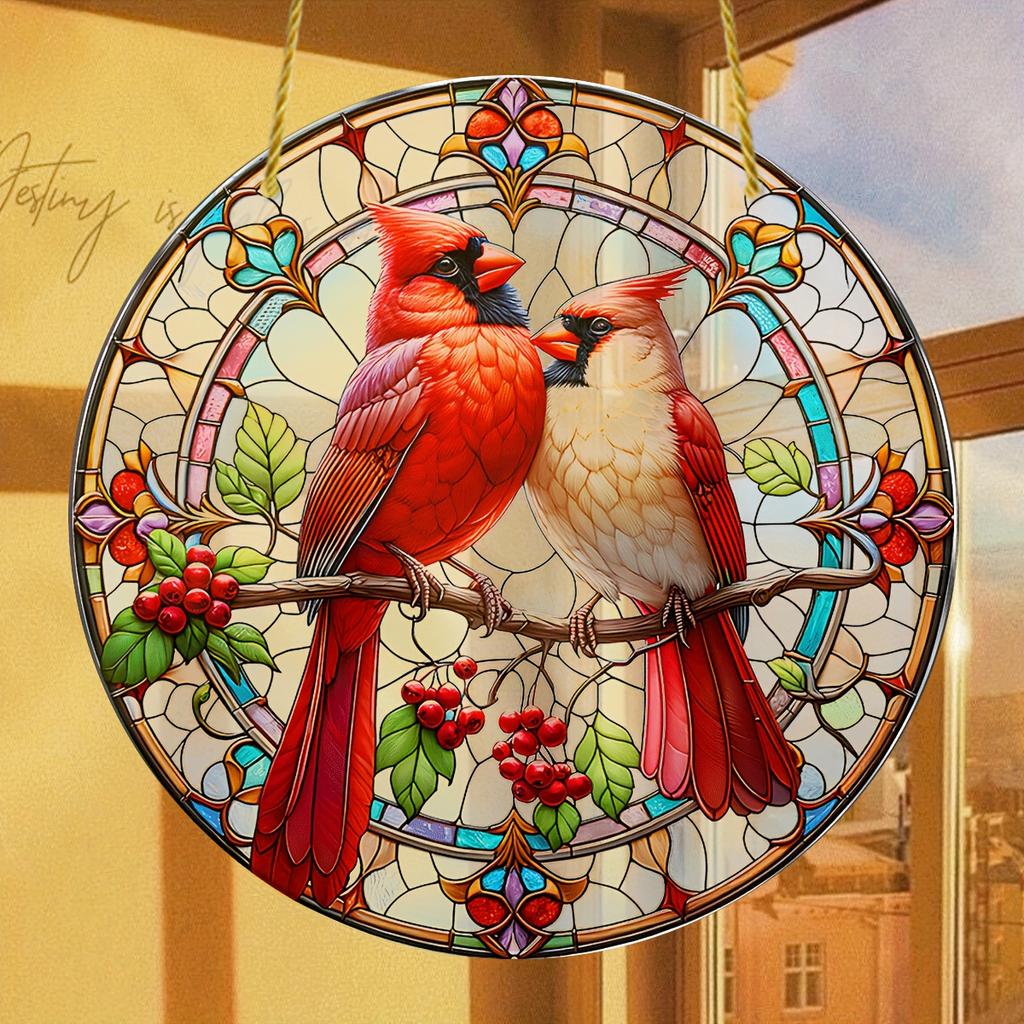Red Cardinal Suncatcher. Stained glass style acrylic for bird lovers & home decor.