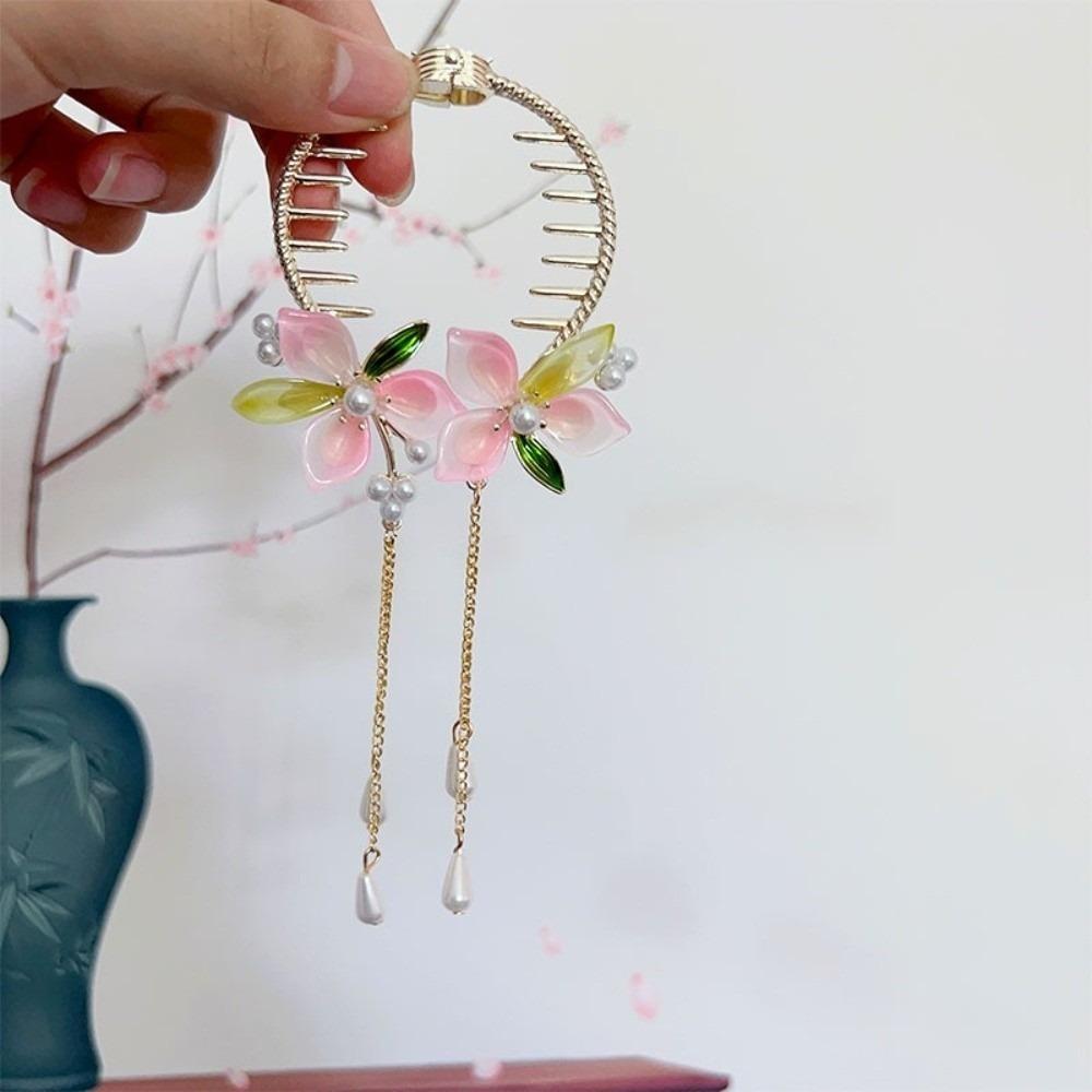 Imitation Pearl Flowers Tassels Hair Claws Ancient-style Round Bun Ponytail Holder  Hanfu розовый
