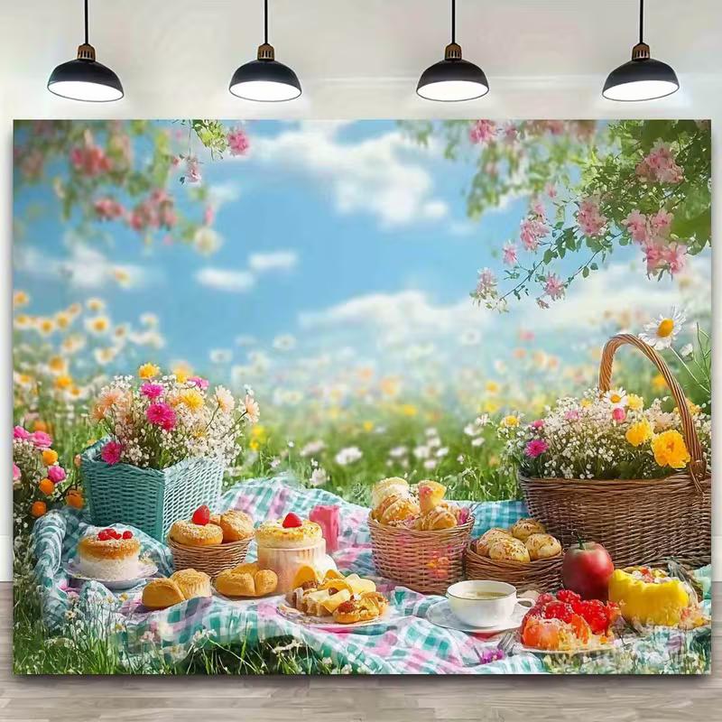 

2D Garden Picnic Photo Backdrop Blooming Meadow and Basket Decor Banner 47.2x31.5inch/120*80cm