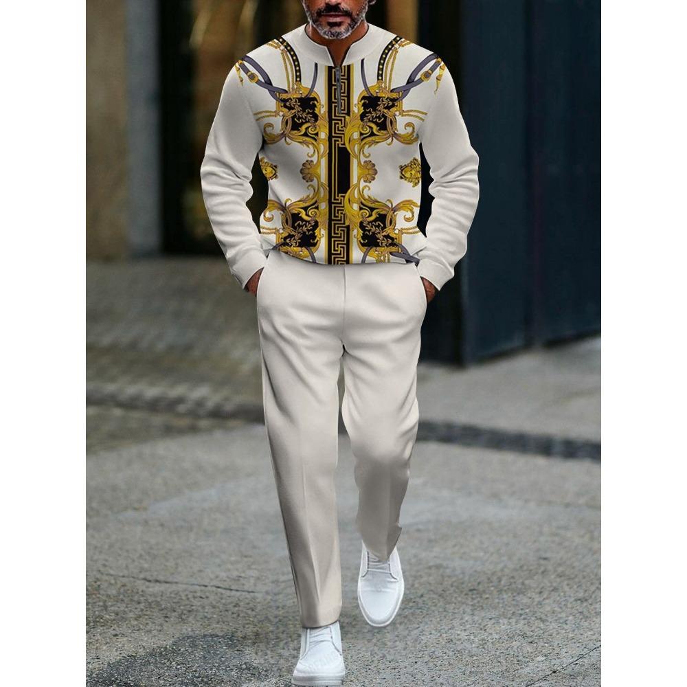 Spring Autumn 3D Printed Fashion Cool Men's Long-Sleeved Sets Half-Zipper Stand-Up Collar Men's Casual Sportswear Two-Piece set