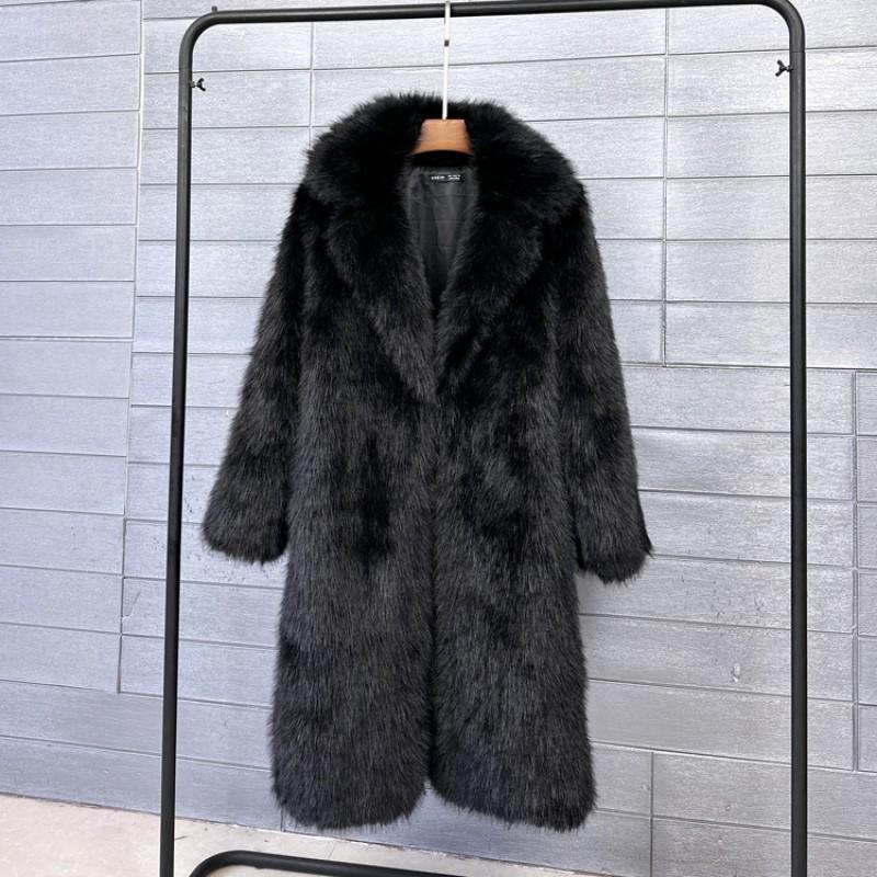 Womens Faux Fur Coat Mid-Length Winter Outerwear Street Style Polo Neck No Hood