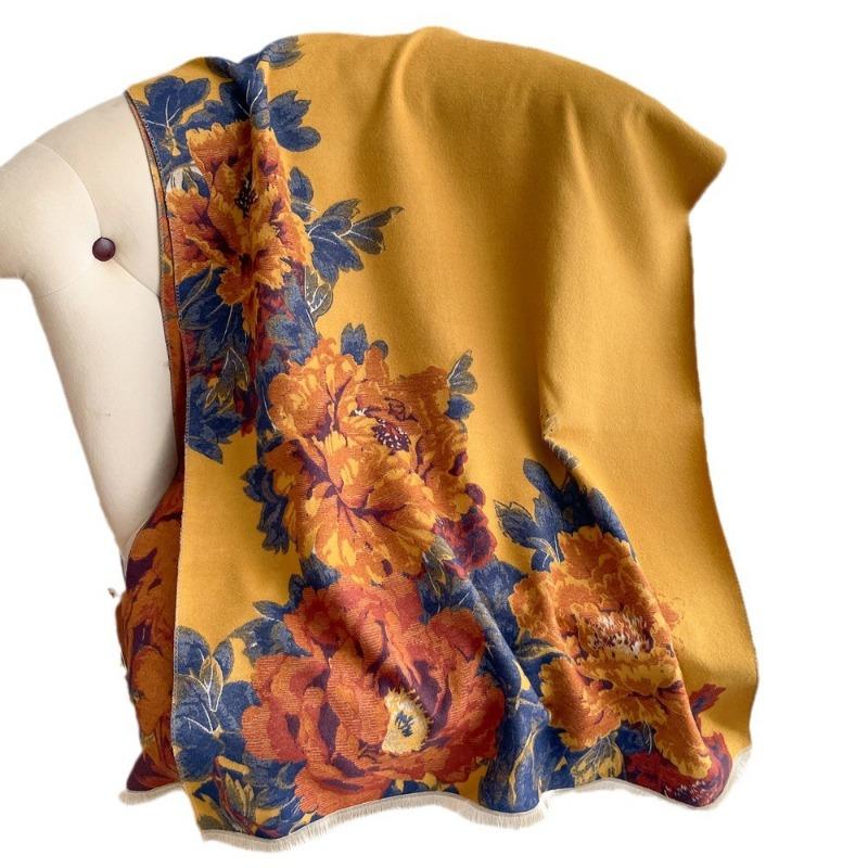 New red peony flower imitation cashmere scarf women's short fringed gold shawl gift box cover for elderly mothers