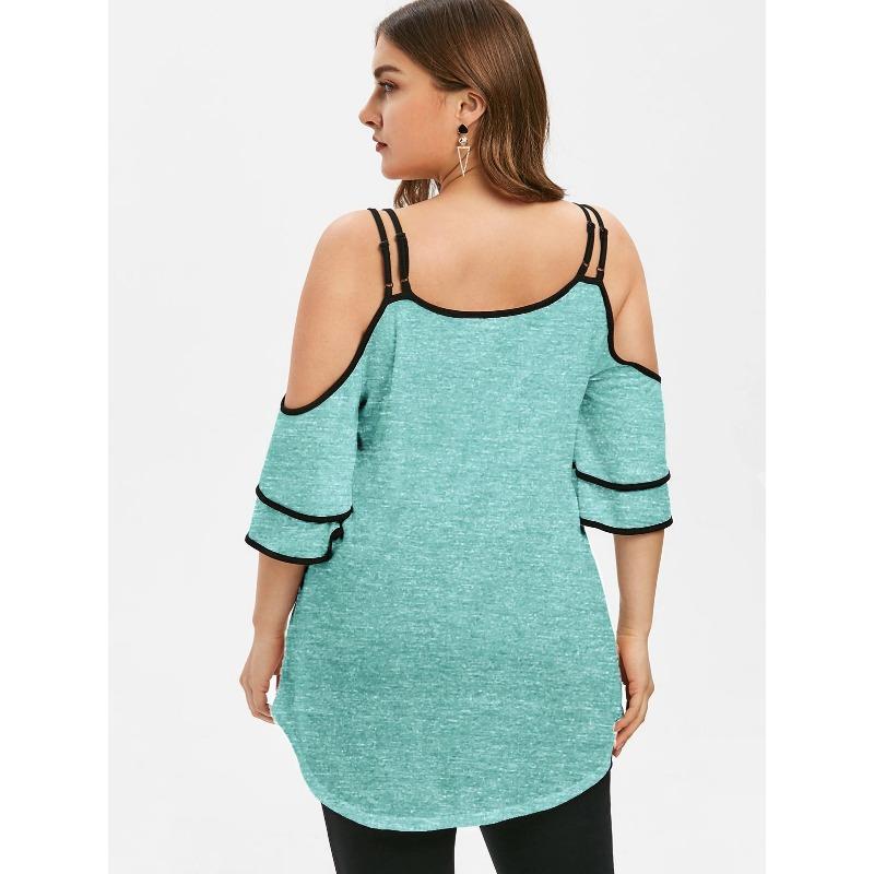Womens Plus Size Cold Shoulder T Shirt Sequin Detail Ruffle Sleeve Keyhole Top